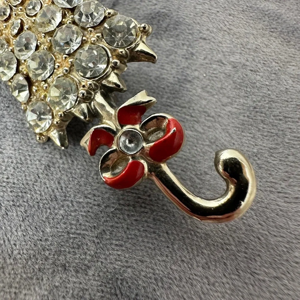 Vintage Umbrella Brooch Gold Tone Rhinestone Red Enamel Bow Parasol Pin Spring‎